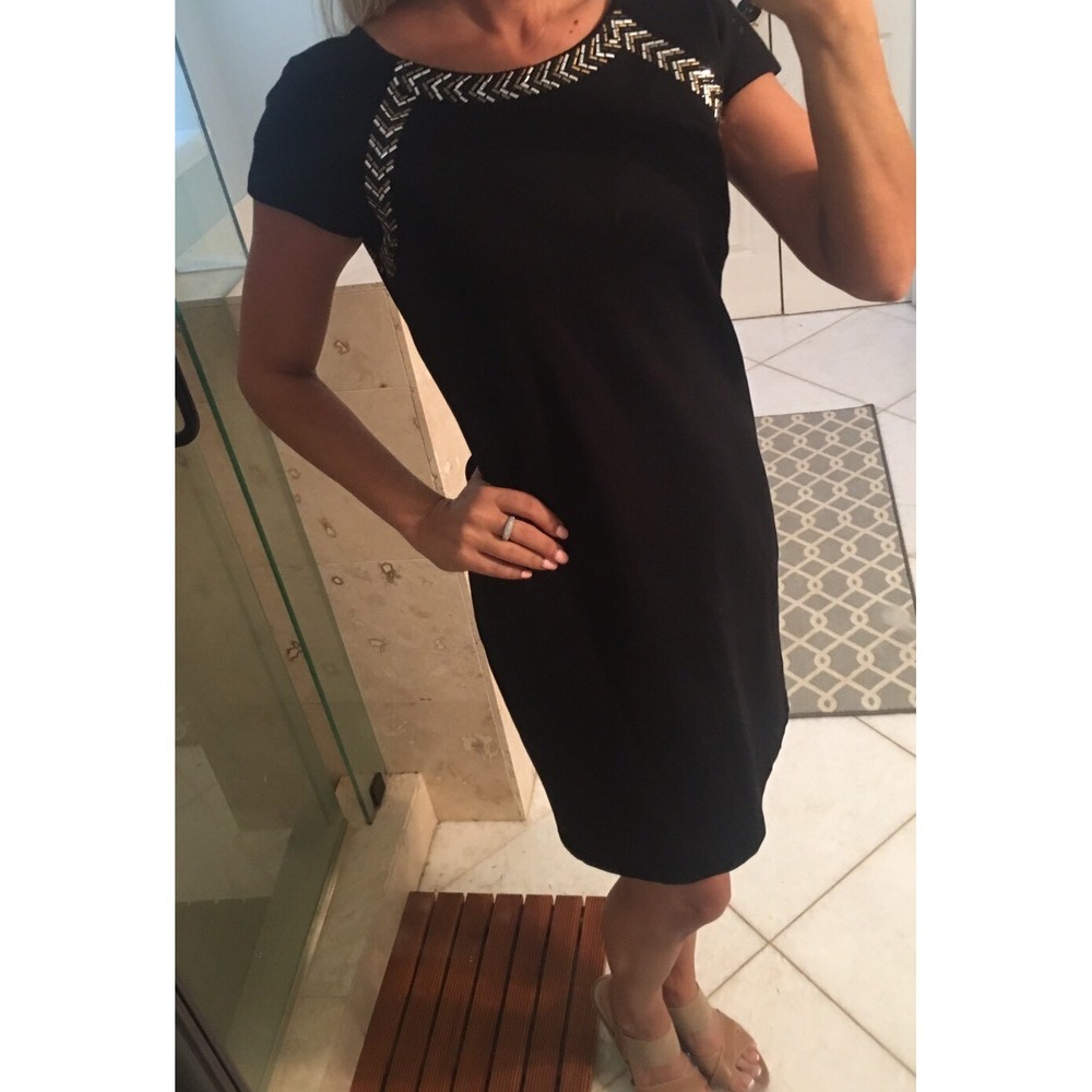 Carmen Marc Valvo Macedonia Black Beaded Sheath Dress Knee Length Medium